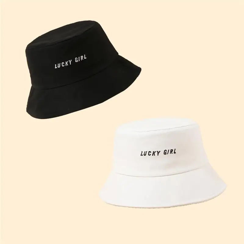 

Lucky Girl Letter Embroidery Cotton Bucket Hat Fisherman Hat Outdoor Travel Hat Sun Cap Hats for Men and Women73