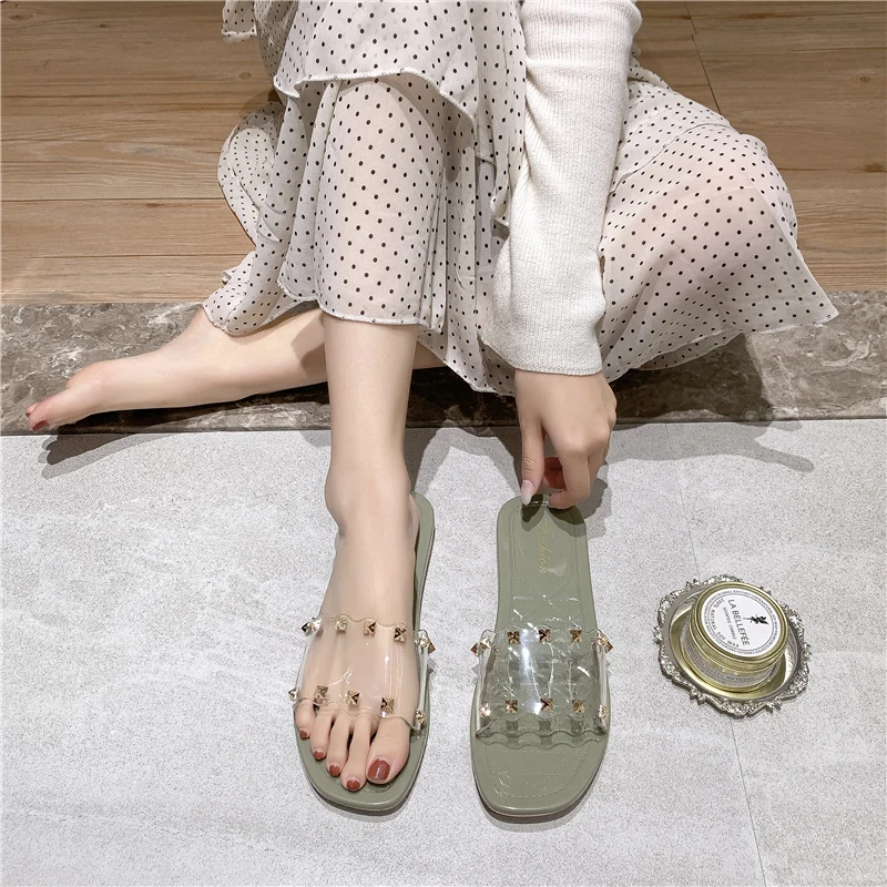 Модные женские шлепанцы на плоской подошве весенняя обувь из ПВХ для платьев и