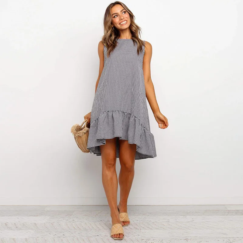 

New Retro Check Irregular Ladies Dress Summer Temperament Sleeveless Woman Check Round Neck Ruffle Dress 2021
