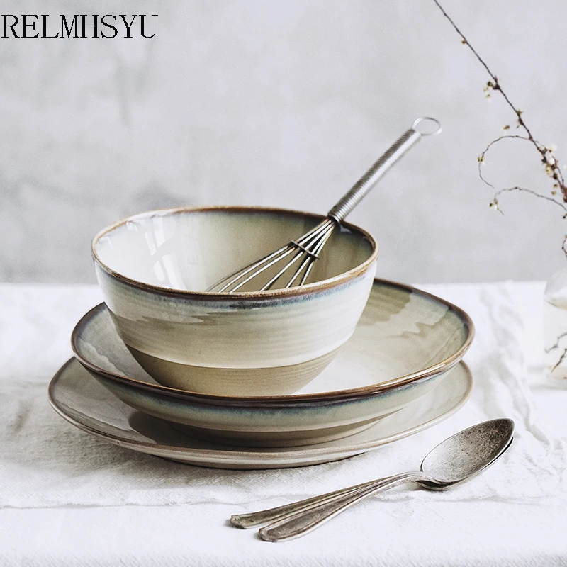 

1PC RELMHSYU Japanese Style Ceramic Stoneware Thread Rice Bowl Steak Dessert Soup Dinner Plate Household Retro Tableware
