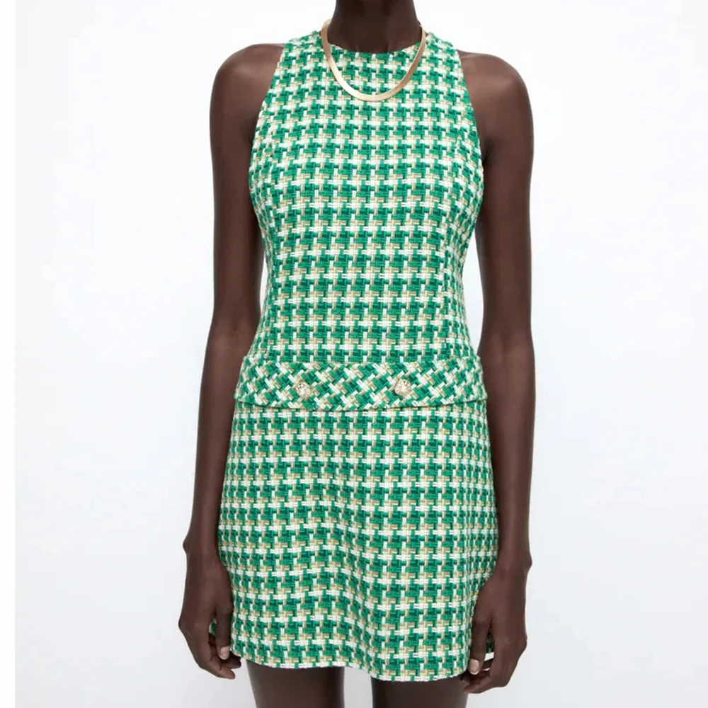 

xikom 2021 Autumn Women Tweed Plaid Vintage Casual Dress Female Office Lady o Neck Slim Sleeveless Sling Mini Dresses