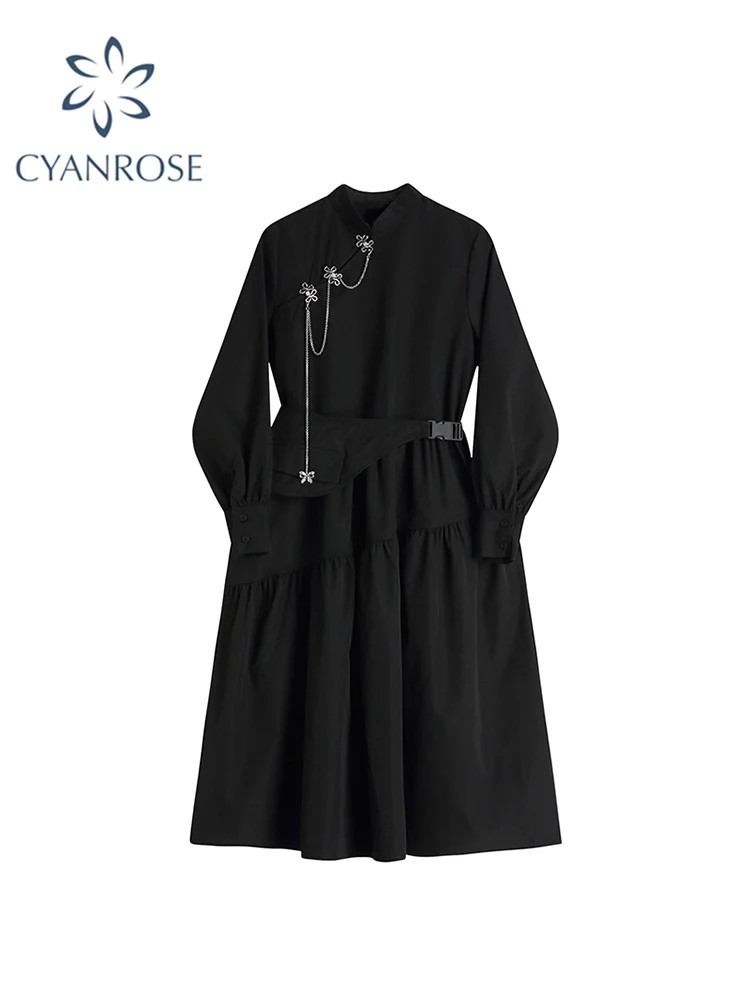 Женское винтажное платье с длинным рукавом черное ТРАПЕЦИЕВИДНОЕ ПЛАТЬЕ в