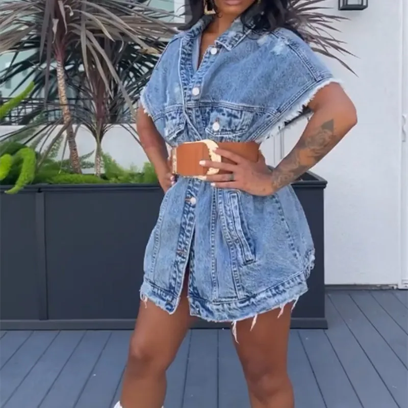 

Women Fashion Stylish Denim Blue Oversized Vest Size S-3XL Loose And Thin Mid-length Denim Short Sleeves Jacket