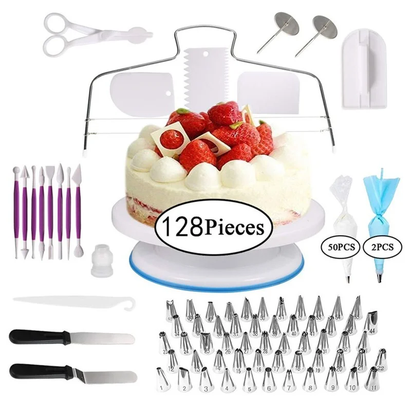 

128 Pcs/set Cake Decorating Supplies Kit Turntable Icing Piping Tips Pastry Bags Spatula Smoother Cream Cake Decorating tool