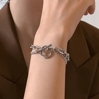 korean fashion silver color multilayer titanium steel chain link bracelets for women men geometric heart buckle bracelet jewelry