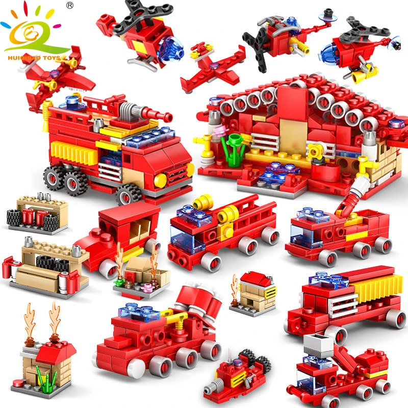 

TOYS 414pcs 16in1 Fire Station Truck Building Blocks City Helicopter Plane Construction Bricks for Children