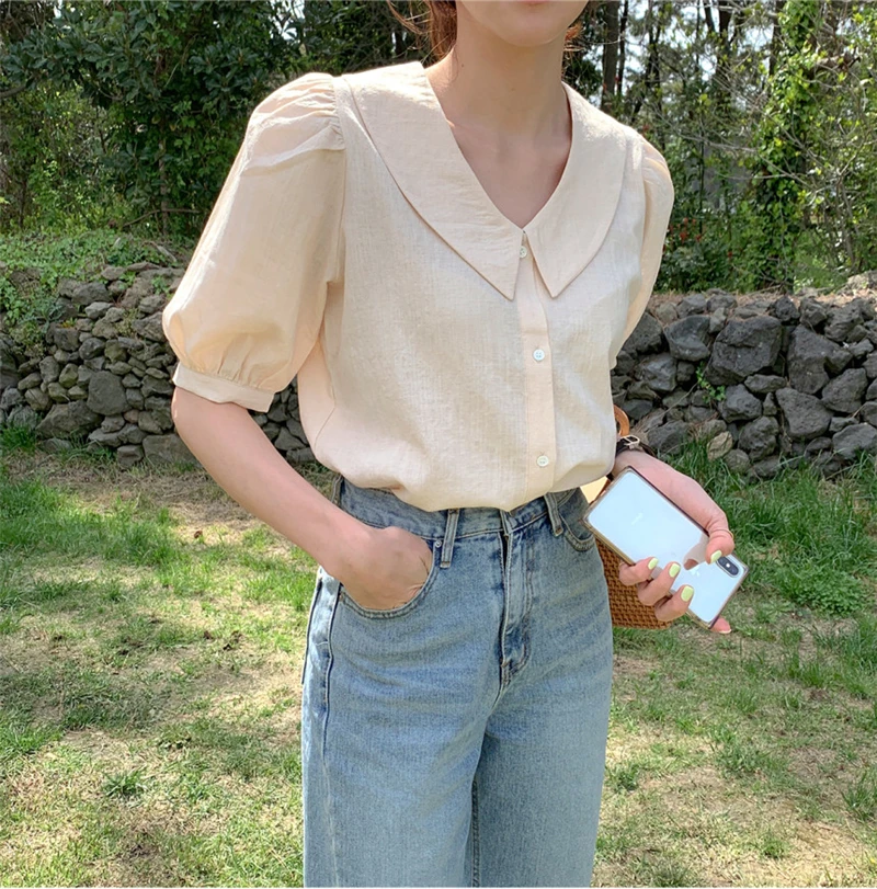 

New Arrivals Elegant Fashion Natural Summer Shirts Women's Clothing Chic Fashion Chiffon Crops Solid V-neck Tops Verano