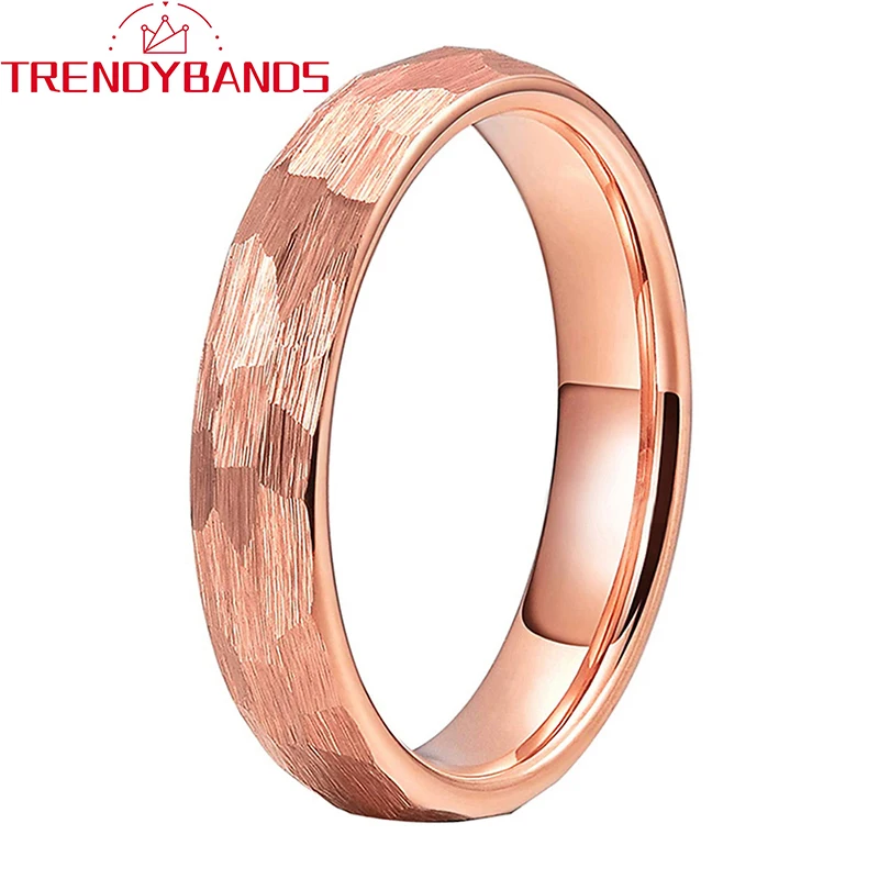 

Rose Gold 4mm Tungsten Carbide Wedding Band For Women Hammered Domed Brushed Finish Comfort Fit