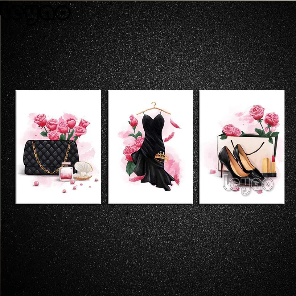 

Diamond painting 3 pieces Fashion lady art,black handbag,pink perfume cosmetics hung for girl gift bedroom makeup room decor