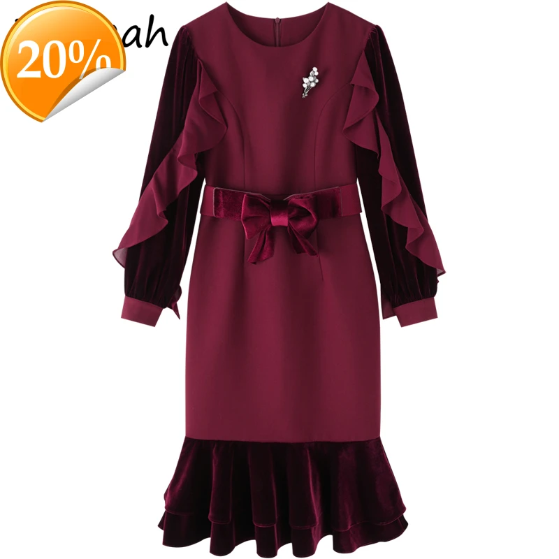 

Women Summer Fashion Runway Mermaid dress Long sleeve Sheath Sharpening Shoulders Solid print Elegant thin velvet Midi