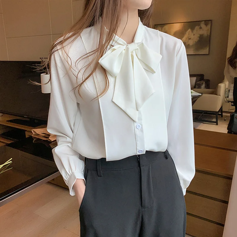 Vintage Elegant Women's Blouse Lantern Long Sleeve Blusas Bow Tie Women Shirt Autumn Single-breasted Chiffon Shirts Tops 10693 | Женская