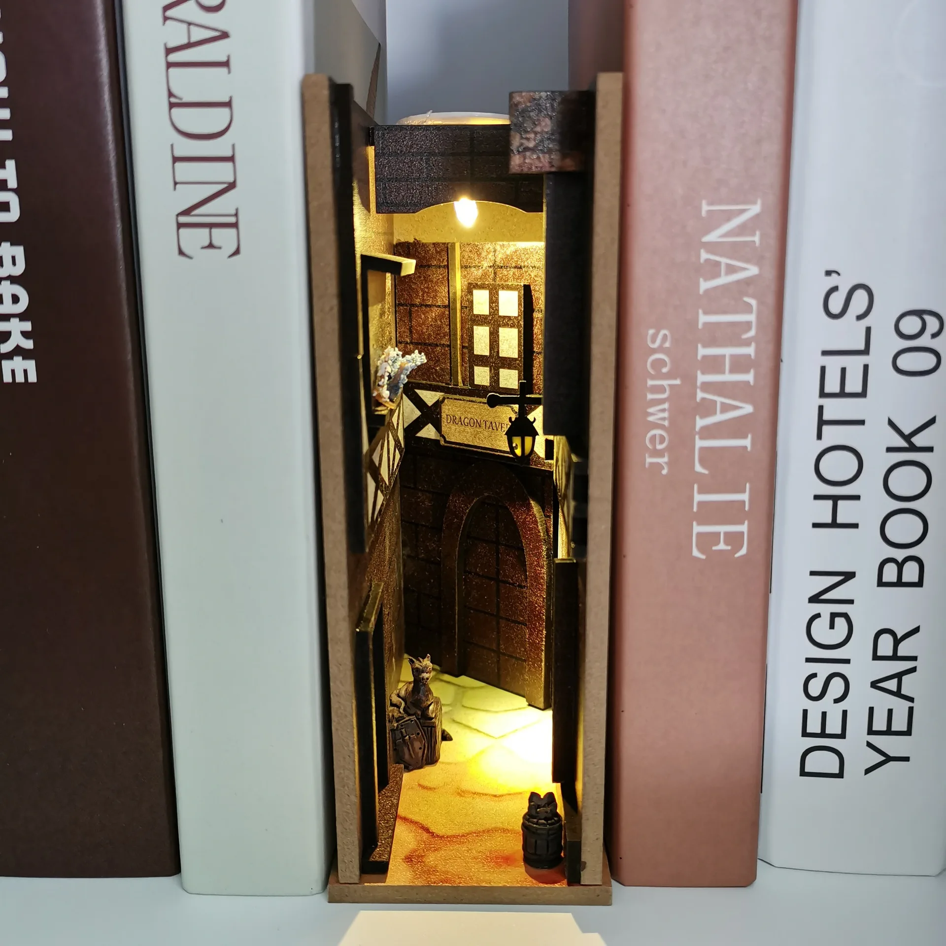 

Wooden Finished Book Nook Shelf Insert Kits Ancient Streets Retro Bookshelf Alley Bookend Model Building With Light Home Decor
