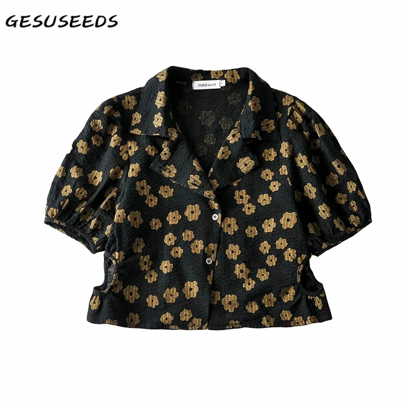 

Женская винтажная блузка с коротким рукавом, черная однобортная Повседневная ажурная блузка с отложным воротником, лето