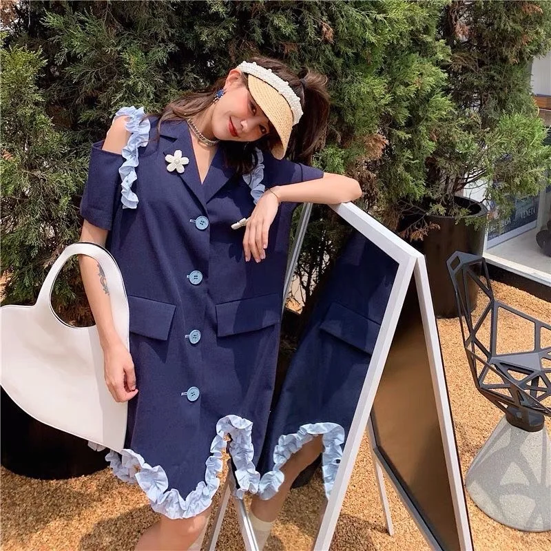 

2021 Summer Irregular Loose Dress Short Sleeve Off Shoulder Short Suit Dress Female Korean Casual Blue Vacation Fashion Dress