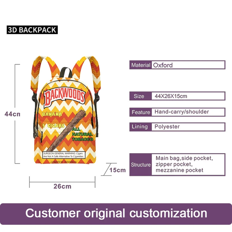 

3pcs Backwoods Cigar Backpack for Boys Men Backwood Print Bag Laptop Shoulder School Bag Travel Bag Laptop Backpacks