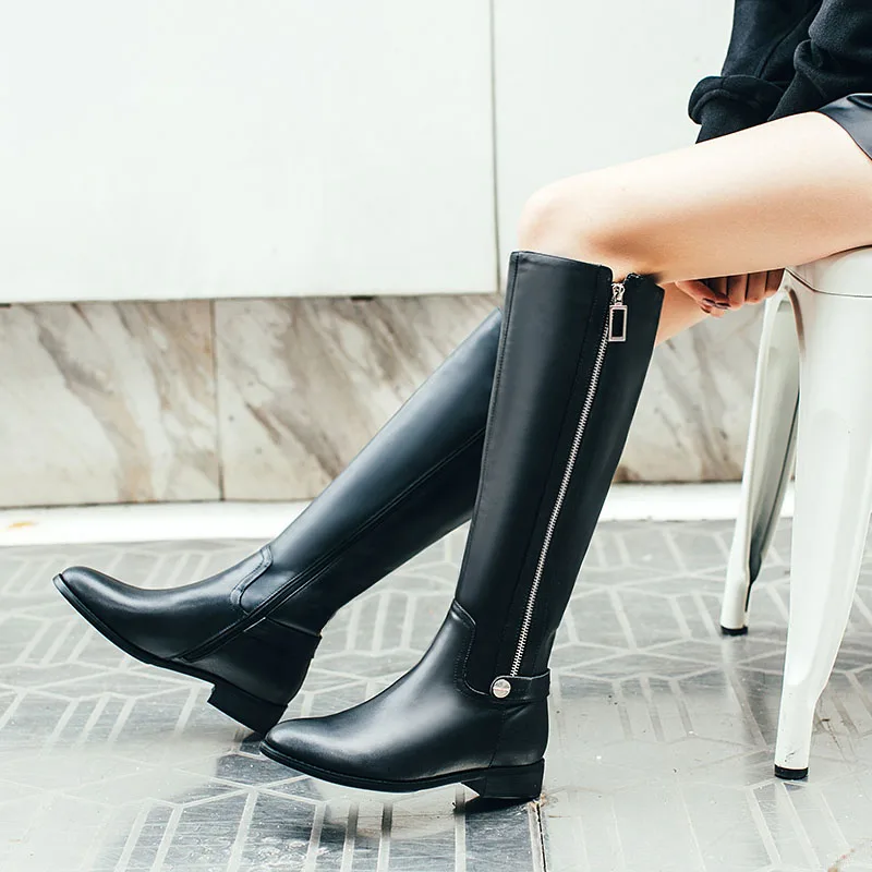 FITWEE Real Leather Women Retro Simple Knee High Boots Zipper Flats Winter Shoes Office Work Buckle Motorcycle Size 34-42 | Обувь
