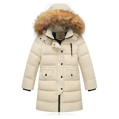 Beige Зимняя куртка Модные Детские Пуховые Пальто с капюшоном воротник из натурального меха, толстая Длинная зимняя куртка s для мальчиков и девочек, Детское пальто - Цвет: Beige