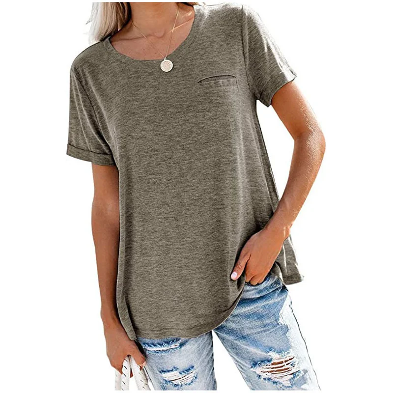 

New 2021 Solid Color Cotton T-shirt Women O-Neck Pocket Tops Tee Loose Casual Summer Women's t shirt