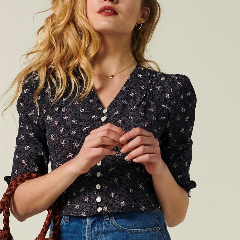 Блузка женская с коротким рукавом цветочный принт V-образный вырез элегантная