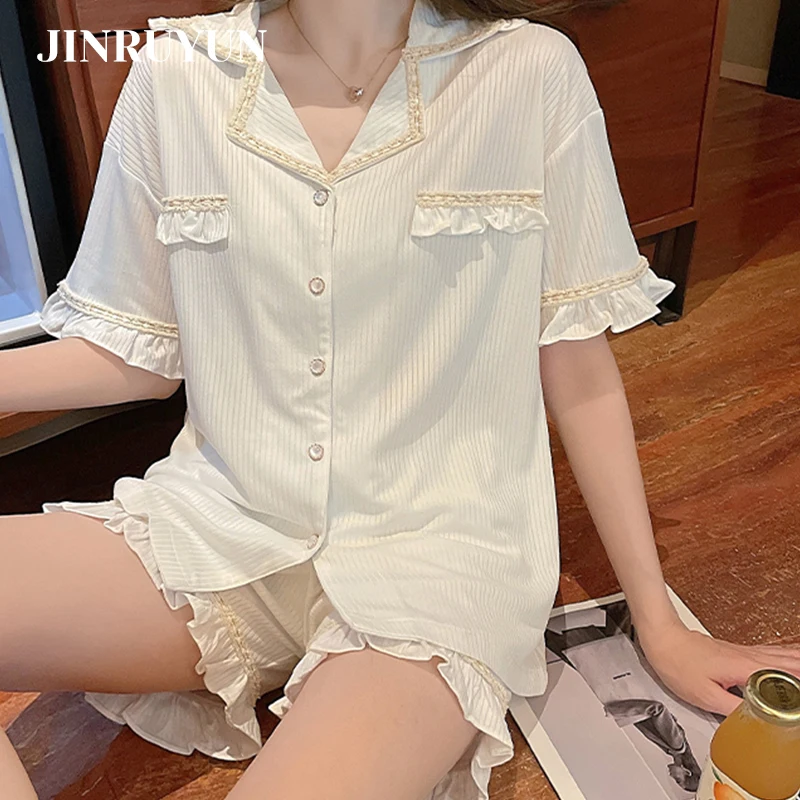 

Новинка 2021, пижамный комплект для женщин, одежда для дома из чистого хлопка с короткими рукавами в Корейском стиле, Женская пикантная одежда...