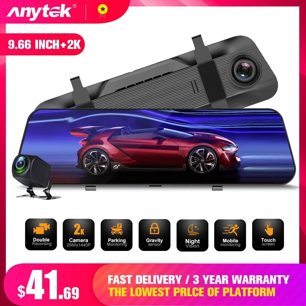 Anytek A26 автомобильная видеокамера 9 66 дюймов 2K видеорегистратор DVR сенсорный экран