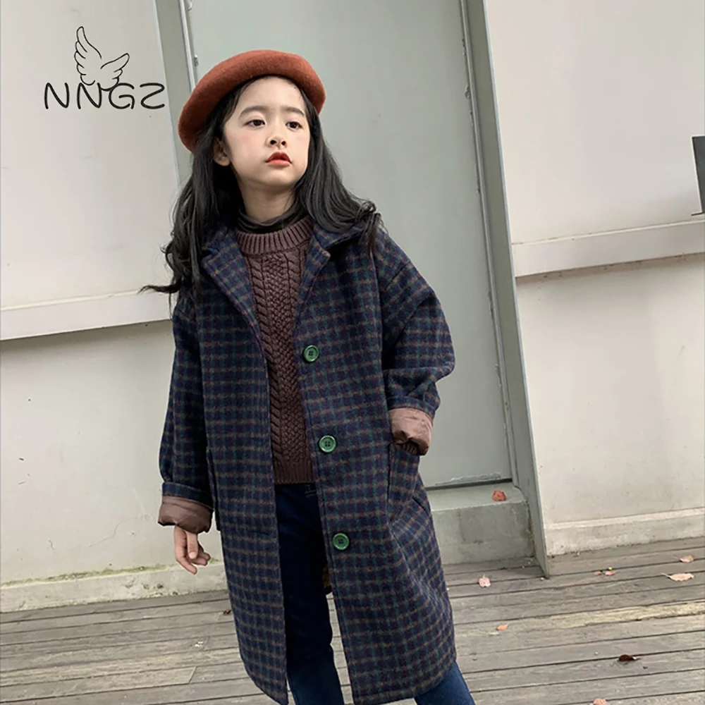 

Girls Woolen Coat Autumn Winter Children Thicken Plaid Coat Christmas New Korean Style Wool Jacket Long Coat For Teenage Fashion