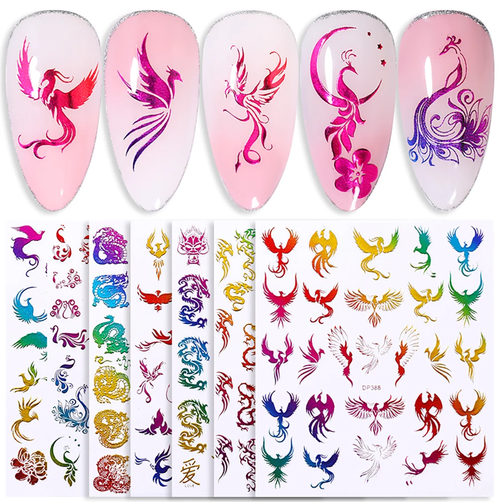 

3D Gold Bronzing Nail Art Stickers Dragon Pattern Water Transfer Decals Colorful Phoenixs Nail Foils Manicuring DIY Tips