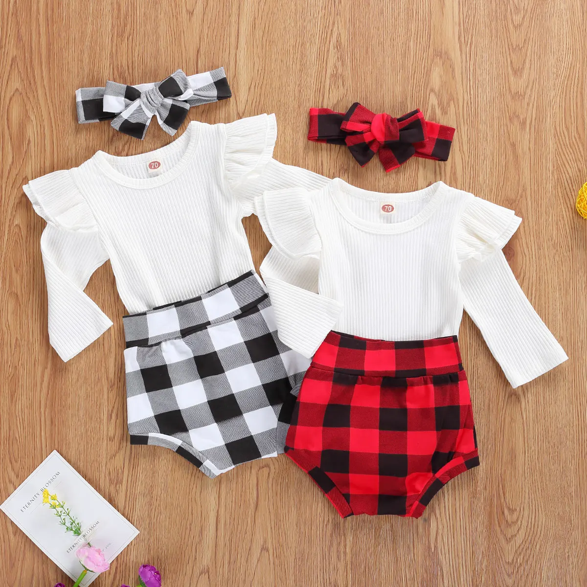 

3pcs Autumn Toddler Baby Girls Boys 0-18M Clothes Sets Ruffles Solid Long Sleeve Romper Tops Plaid Shorts Headband Set
