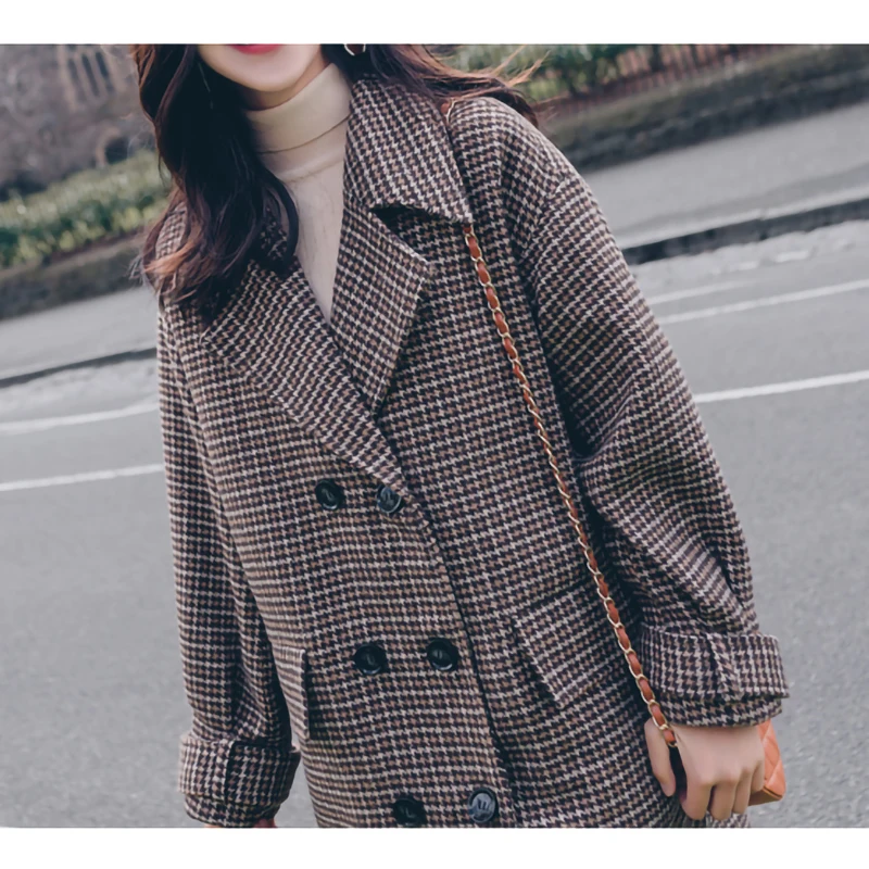 Зимние женские шерстяные пальто с рисунком гусиные лапки модные коричневые