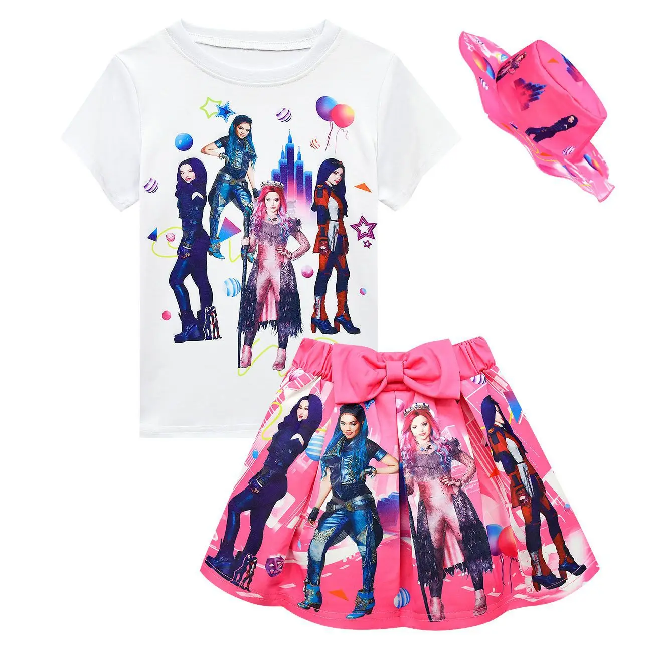 

Girls Summer Clothes Descendants 3 Costume Kids T-shirt+skirt with Bag Hat Clothes Sets Toddler Girl Outfits Birthday Clothing