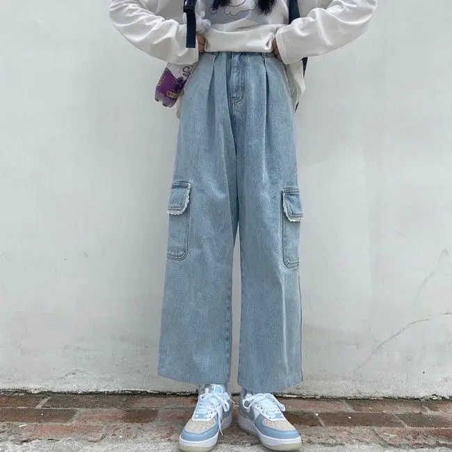 

Niche design lace pocket autumn Korean new slim loose straight jeans wide leg Capris
