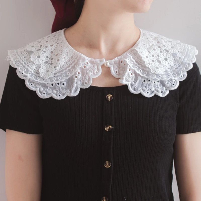 

Womens Sweet 3 Layer Embroidery Floral Lace Fake Collar Shawl Wrap Crochet Lolita Necklace Decorative Short Poncho