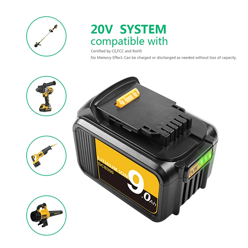 Аккумуляторная батарея для DCB200 9.0Ah 18V 20V литий ионная Dewalt DCB180 DCB181 DCB182 DCB201 DCB204 2
