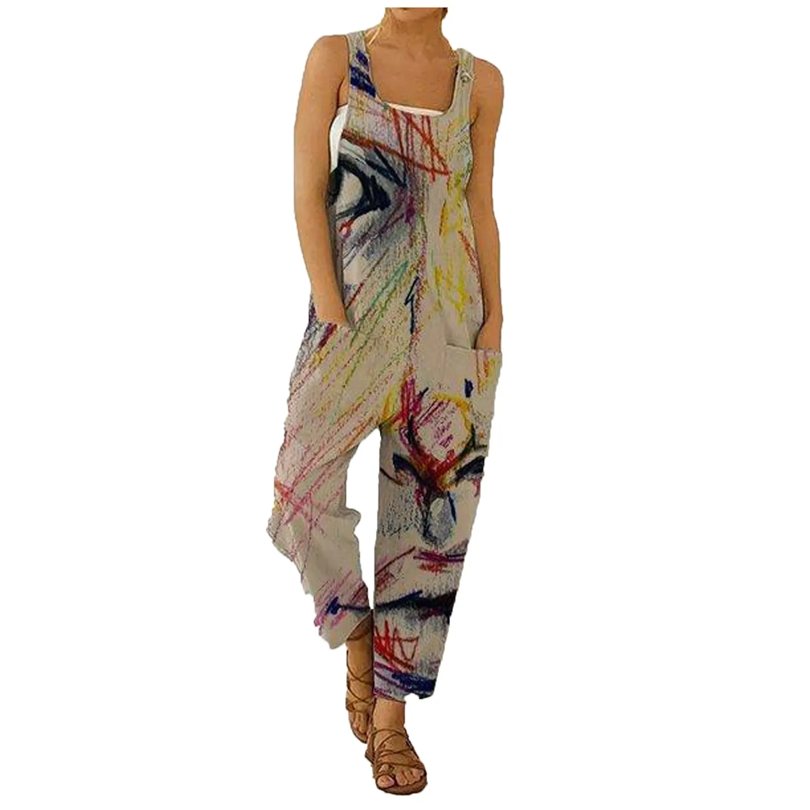

Baddie Clothes Women's Retro Abstract Print Casual Suspenders Loose Jumpsuits Ladies Rompers Summer Clothes Woman 2021 #01
