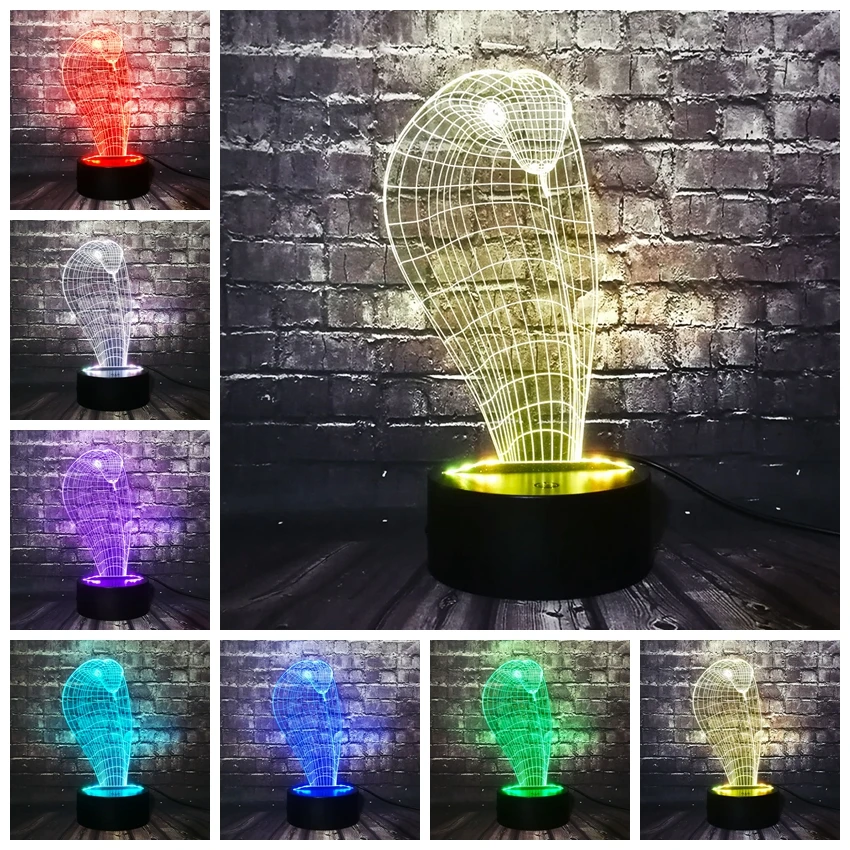 2017 животное Кобра форма головы Змеи 3D светодиодный USB лампа креативный красочный