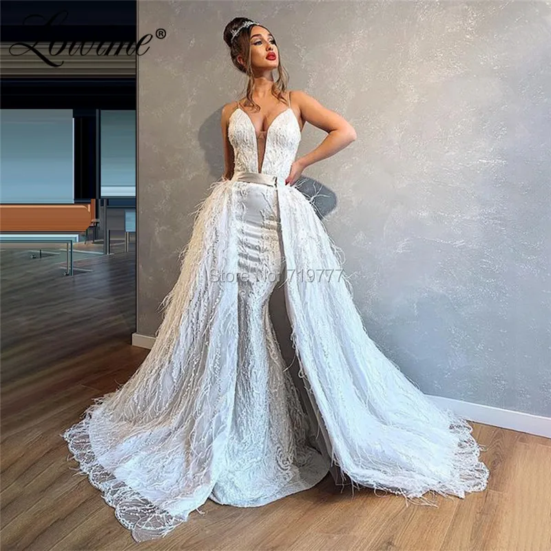 Feather Wedding Dresses With Detachable Train Mermaid Beaded Bridal Gowns 2020 Spaghetti Straps Beading Custom Vestido De Noiva
