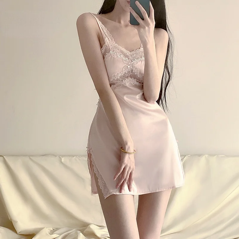 Женская ночная одежда сексуальные бриканты розовые ночные рубашки атласная