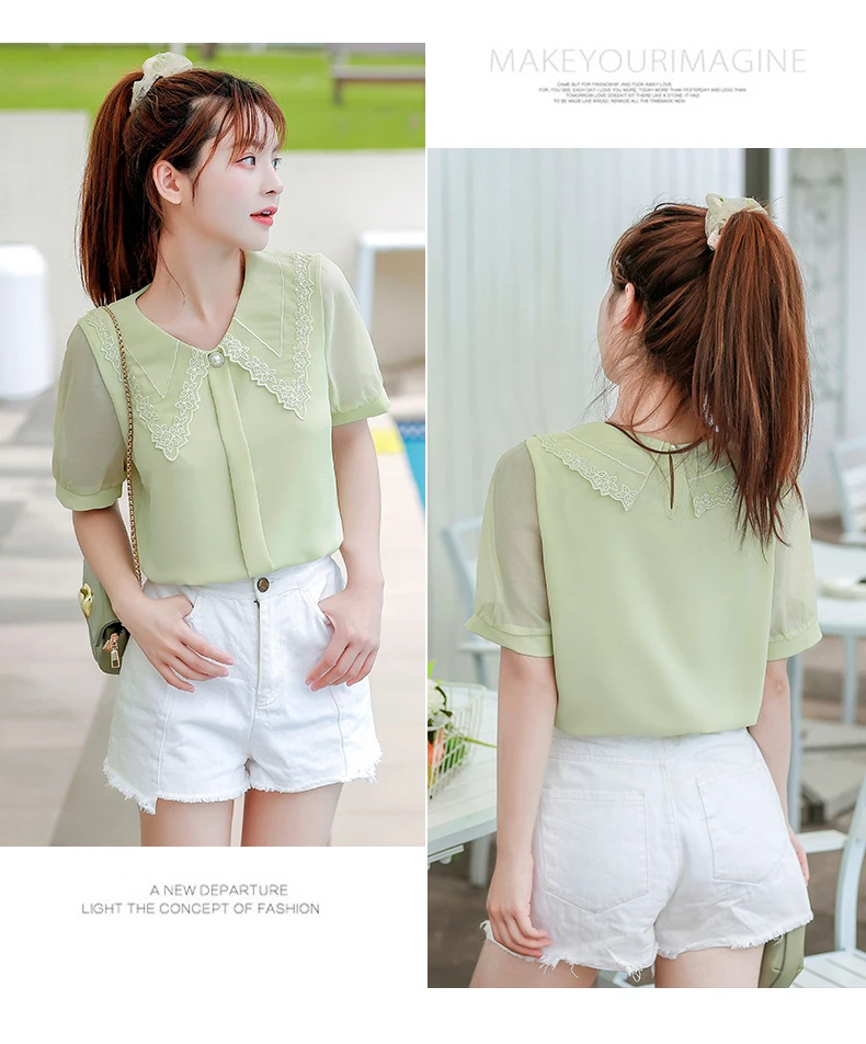 

Houthion Silk Women's Blouses Fashion Blouse Casual Short Sleeve Top Solid Silk Shirt New Clothing Peter pan Collar Lace