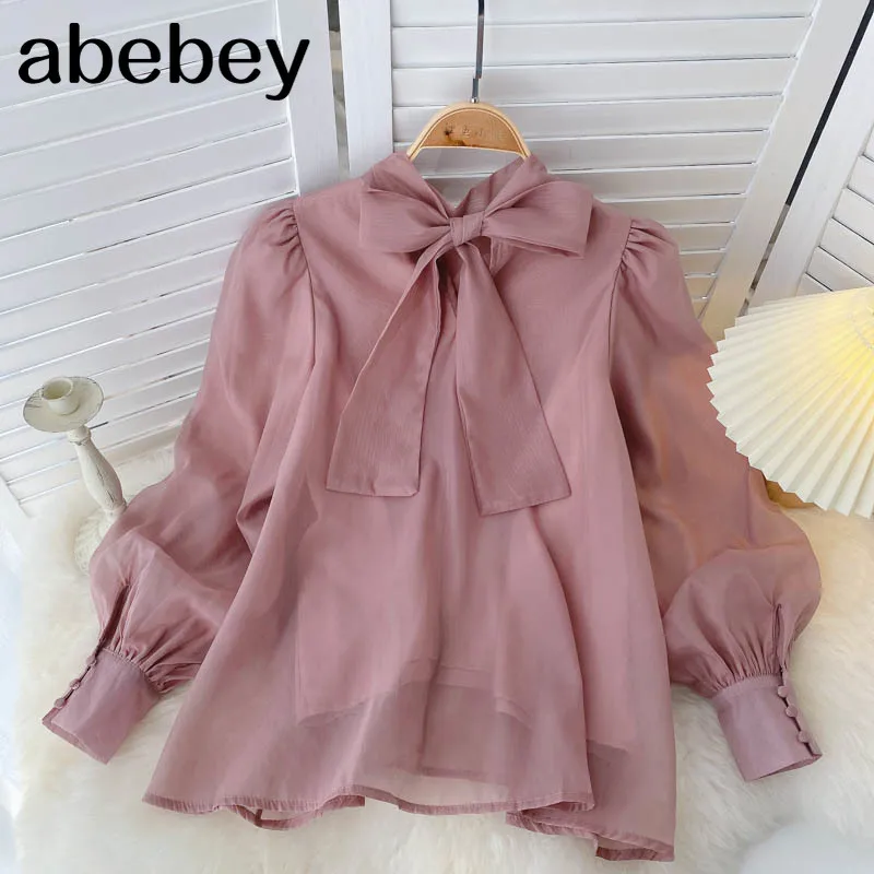 

Elegant French Chiffon Blouse Women Sweet Bow Collar Puff Sleeve Solid Top 2021 Autumn Casual Loose Streetwear Blouses