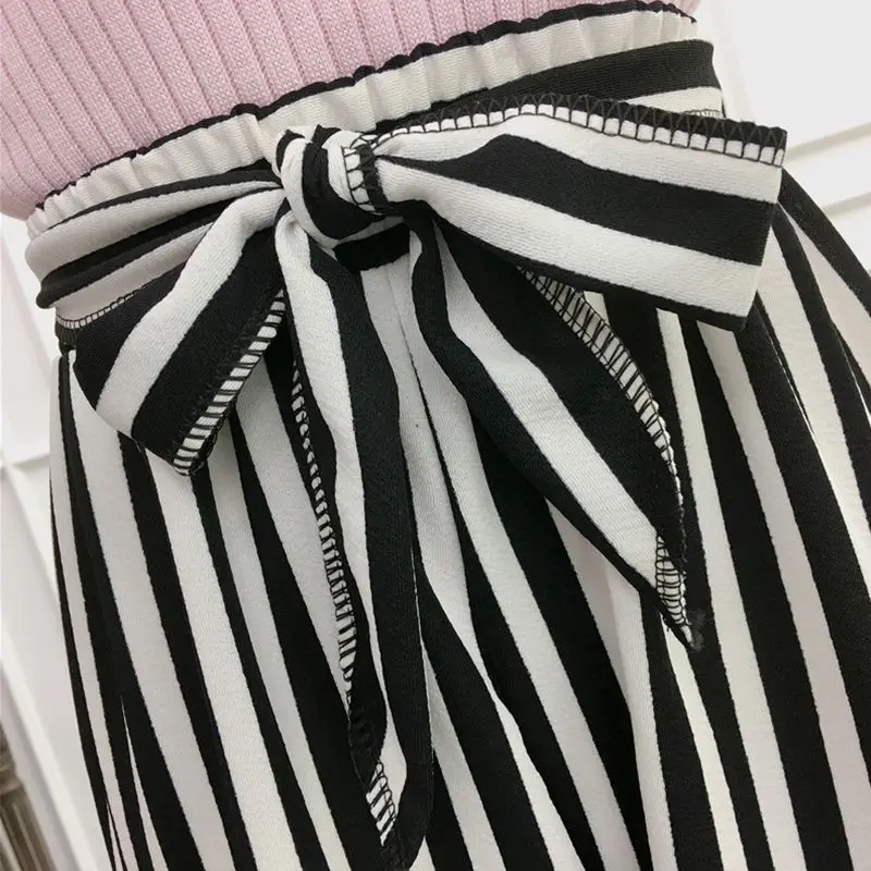 

ETOSELL Women New Summer Wide Leg Pants Casual Loose High Elastic Waist Harem Pants Loose Belt Striped Elasticated Trousers