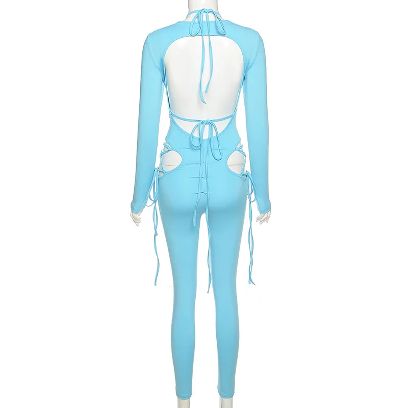 

BOOFEENAA Sexy Sporty Two Piece Set Hollow Out Long Sleeve Bodycon Jumpsuit Fitness Outfit Women Clubwear Matching Sets C87-DZ36
