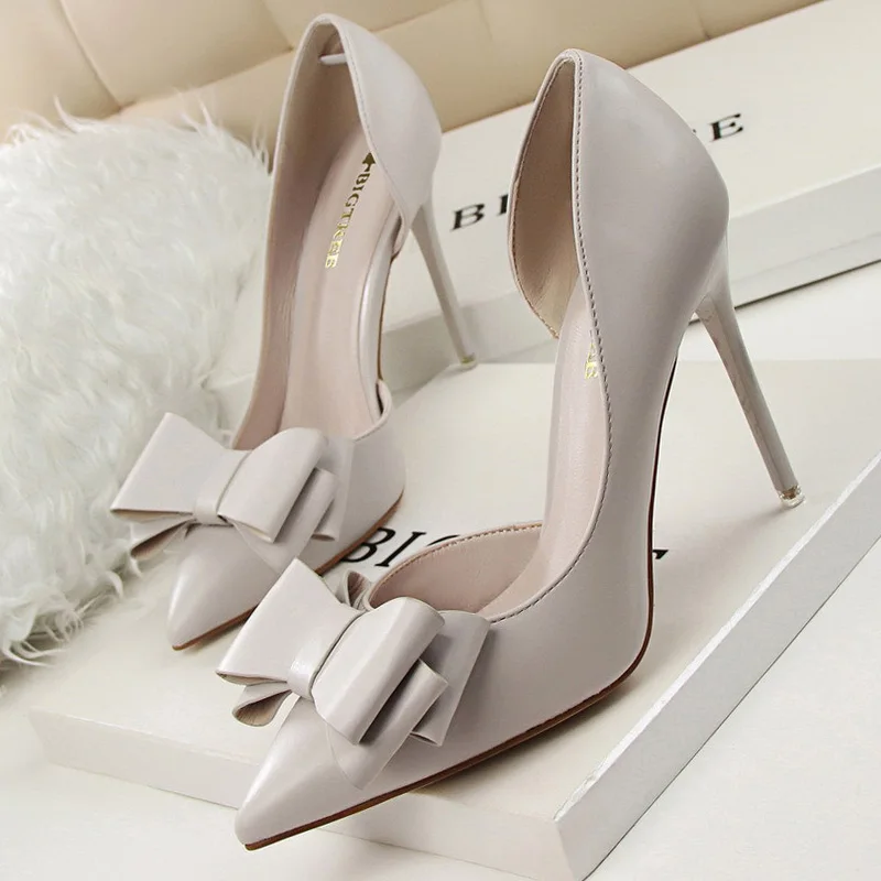 Женские туфли-лодочки на высоком каблуке с бантом-бабочкой белые розовые красные