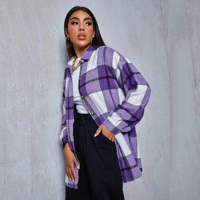 

Casual Retro Print Lapel Shirt Coat Fashion Buttons Cardigan Women Long Sleeve Plaid Coat Women Elegant Office Lady Coat