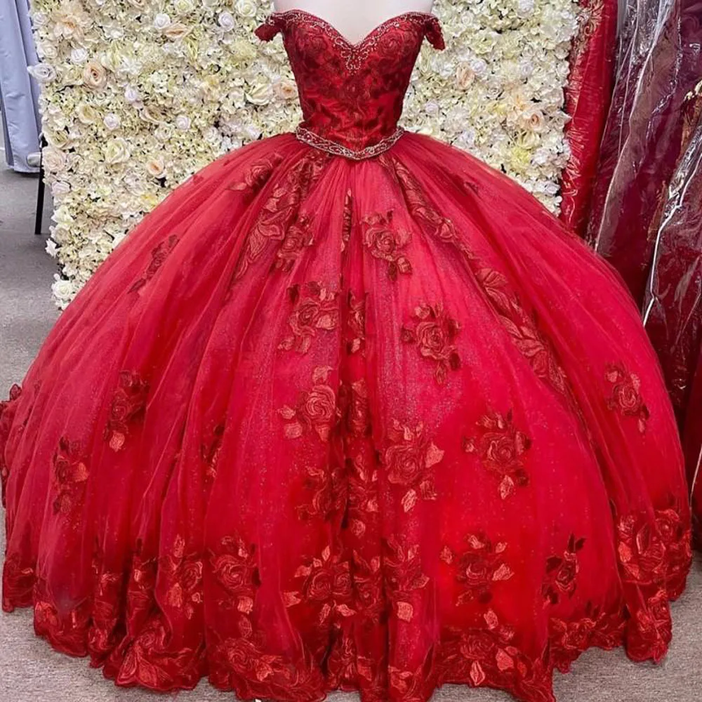 

Gorgeous Red 3D floral Quinceanera Dresses Off the Shoulder lace-up corset Sweet 16 Ball Gown Prom Dress Vestidos De 15 Anos