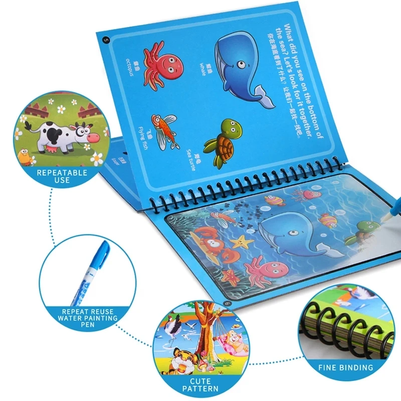Montessori Early Education Magical Book Water Drawing Coloring Cartoons Books Doodle Pen Painting Board For Kids Toys | Игрушки и хобби