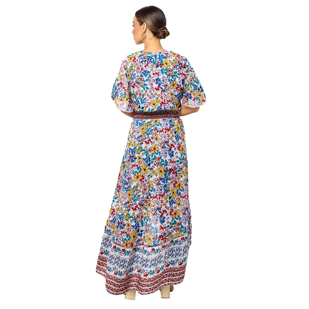 

Shell Buckle Bohemian Floral Beach Front Short Long Back Positioning Printed Bell Sleeve Explosion Dress