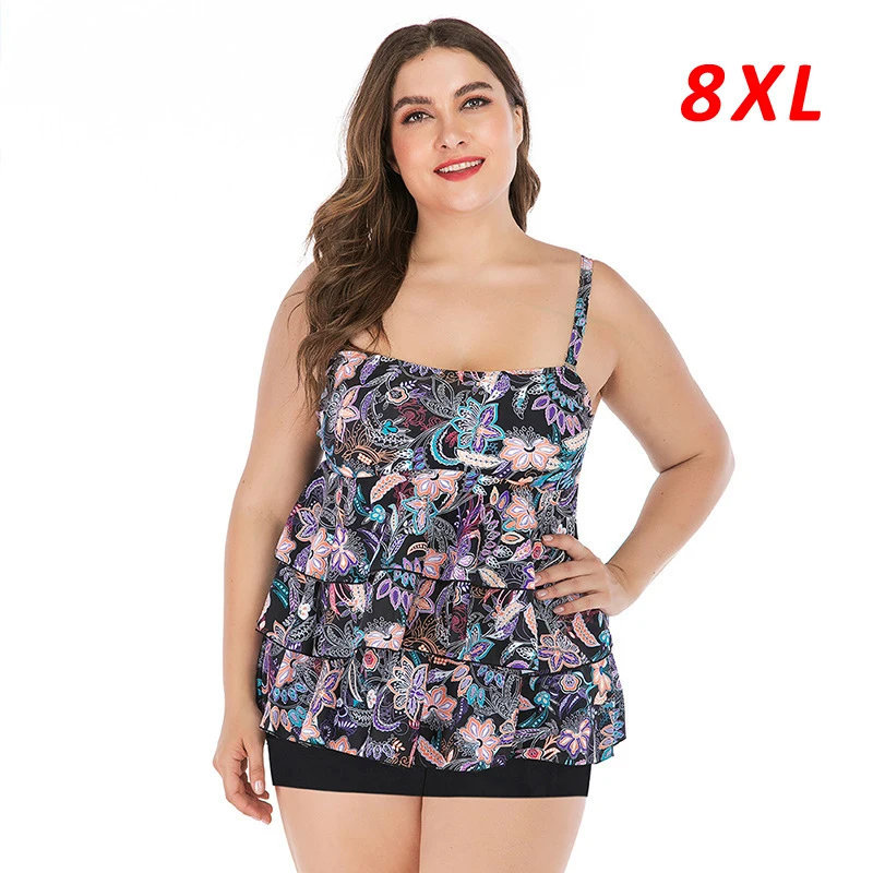 

2021 New Large Size 8XL Swimsuit for Women Double Flounce Tankini Set Swimwear Bathing Suit Plus Size