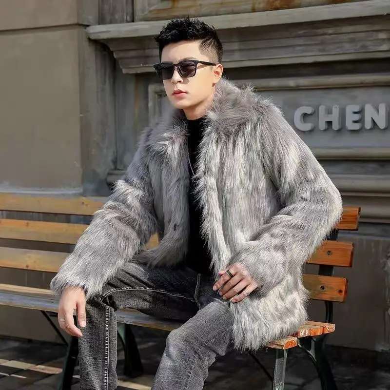 

2021 Winter New Men Faux Imitation Fox Fur Jacket Thicker High Grade Outwear Male Medium Korea Style Large Size Coat W30