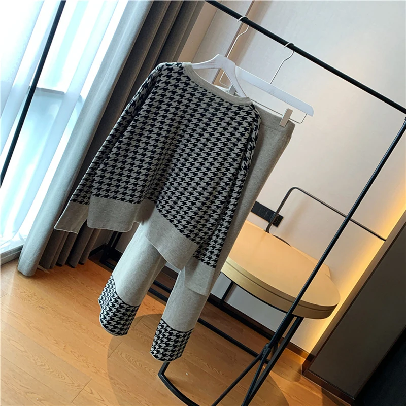 

Alien Kitty 2021 New Women Casual Two-Pieces Siut Set V-Neck Plaid Knit Elegant Wide Leg Pants Fashion Gentle Female Office Lady