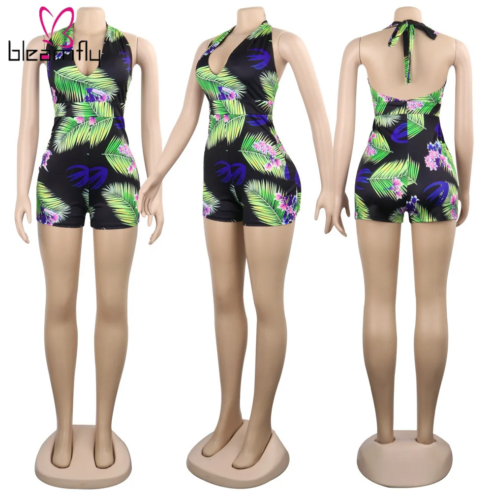 Sexy Short Playsuit Boho Printed Beach Jumpsuit Rompers Women Summer V-Neck Backless Body Mujer Elegant Vintage Overalls 2019 |